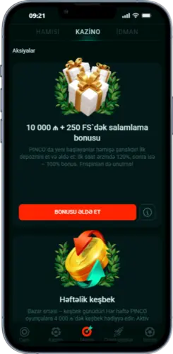 iOS Pinco tətbiqi – 10 000₼ və 250 FS salamlama bonusu ekranı