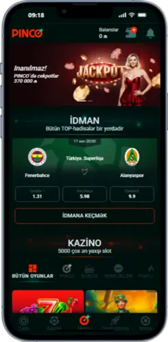 Pinco mobil tətbiqi əsas səhifə – idman mərcləri və kazino bölməsi