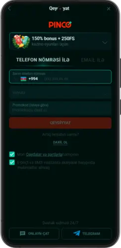 Telefon nömrəsi ilə hesab yaratmaq və bonus əldə etmək üçün ekran