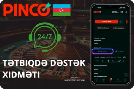 Pinco tətbiqində müştəri sualları üçün operativ yardım ekranı