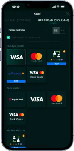 Pinco tətbiqi – depozit üsulları (Visa, eManat, Card to Card və s.)